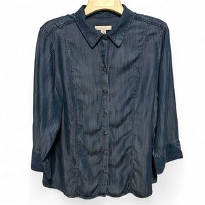 Chico's Top Womens Size 3 XL Denim Tencel 3/4 Sleeve Button Chambray Western